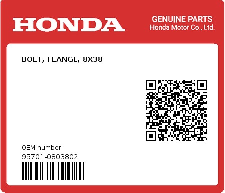 Product image: Honda - 95701-0803802 - BOLT, FLANGE, 8X38  0
