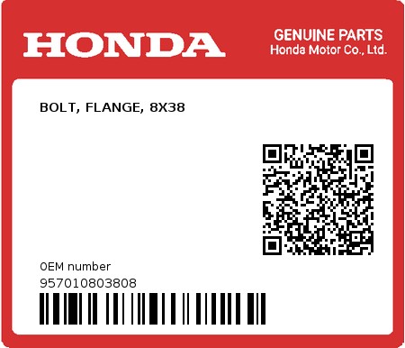 Product image: Honda - 957010803808 - BOLT, FLANGE, 8X38  0