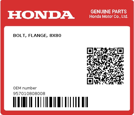 Product image: Honda - 957010808008 - BOLT, FLANGE, 8X80  0