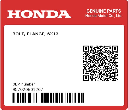 Product image: Honda - 957020601207 - BOLT, FLANGE, 6X12  0
