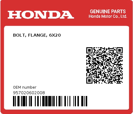 Product image: Honda - 957020602008 - BOLT, FLANGE, 6X20  0