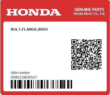 Product image: Honda - 958010806507 - BOLT,FLANGE,8X65  0