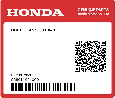 Product image: Honda - 958011004000 - BOLT, FLANGE, 10X40  0