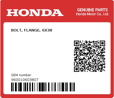 Product image: Honda - 960010603807 - BOLT, FLANGE, 6X38  0