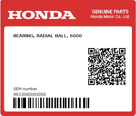 Product image: Honda - 961006000000 - BEARING, RADIAL BALL, 6000  0