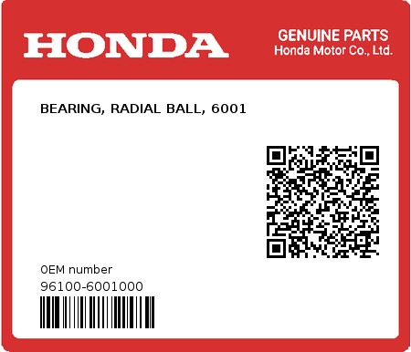 Product image: Honda - 96100-6001000 - BEARING, RADIAL BALL, 6001  0