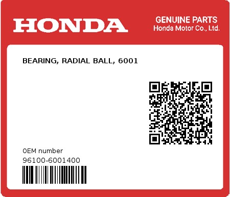 Product image: Honda - 96100-6001400 - BEARING, RADIAL BALL, 6001  0