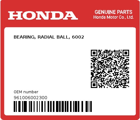Product image: Honda - 961006002300 - BEARING, RADIAL BALL, 6002  0