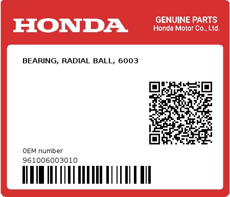 Product image: Honda - 961006003010 - BEARING, RADIAL BALL, 6003  0