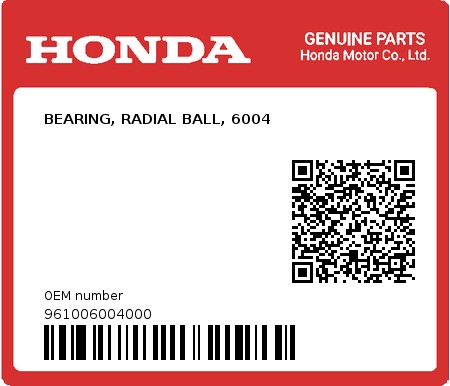 Product image: Honda - 961006004000 - BEARING, RADIAL BALL, 6004  0