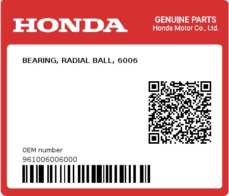 Product image: Honda - 961006006000 - BEARING, RADIAL BALL, 6006  0