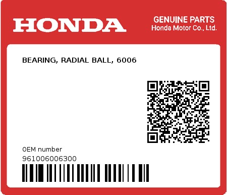 Product image: Honda - 961006006300 - BEARING, RADIAL BALL, 6006  0