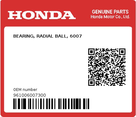 Product image: Honda - 961006007300 - BEARING, RADIAL BALL, 6007  0