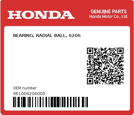 Product image: Honda - 961006206000 - BEARING, RADIAL BALL, 6206  0