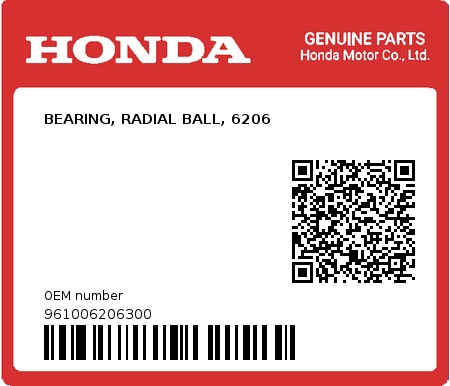 Product image: Honda - 961006206300 - BEARING, RADIAL BALL, 6206  0