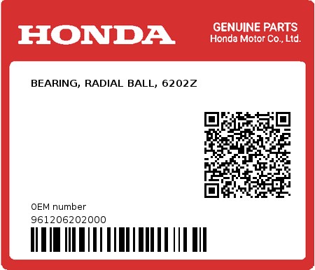 Product image: Honda - 961206202000 - BEARING, RADIAL BALL, 6202Z  0