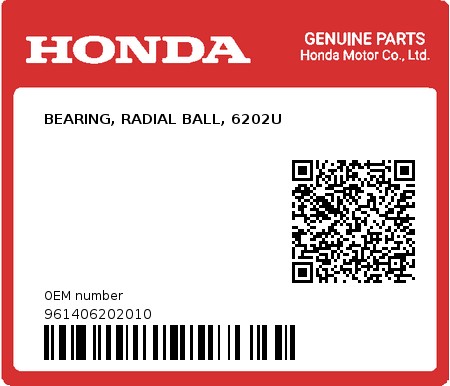 Product image: Honda - 961406202010 - BEARING, RADIAL BALL, 6202U  0