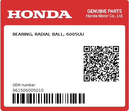 Product image: Honda - 961506005010 - BEARING, RADIAL BALL, 6005UU  0