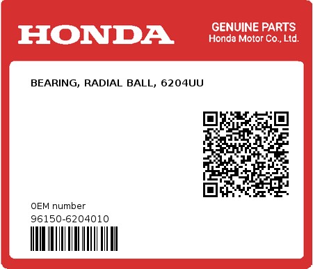 Product image: Honda - 96150-6204010 - BEARING, RADIAL BALL, 6204UU  0