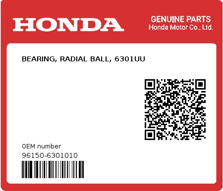 Product image: Honda - 96150-6301010 - BEARING, RADIAL BALL, 6301UU  0
