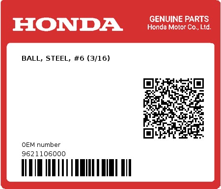 Product image: Honda - 9621106000 - BALL, STEEL, #6 (3/16)  0