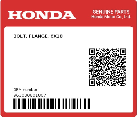 Product image: Honda - 963000601807 - BOLT, FLANGE, 6X18  0