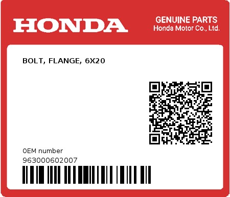 Product image: Honda - 963000602007 - BOLT, FLANGE, 6X20  0