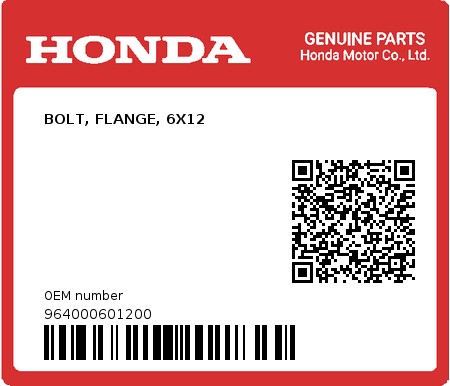 Product image: Honda - 964000601200 - BOLT, FLANGE, 6X12  0