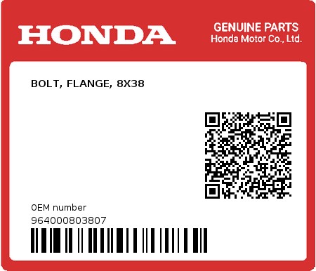 Product image: Honda - 964000803807 - BOLT, FLANGE, 8X38  0