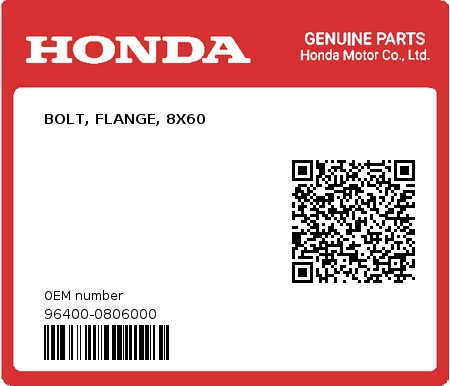 Product image: Honda - 96400-0806000 - BOLT, FLANGE, 8X60  0