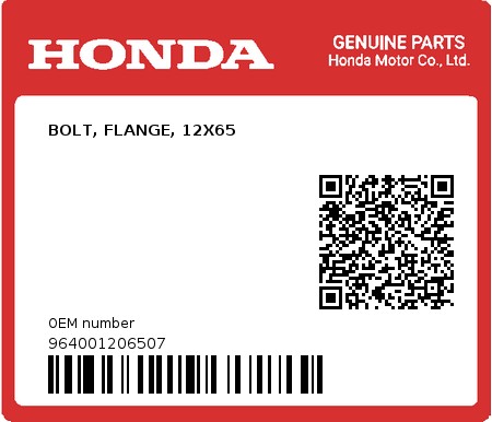 Product image: Honda - 964001206507 - BOLT, FLANGE, 12X65  0