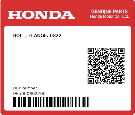 Product image: Honda - 965000602200 - BOLT, FLANGE, 6X22  0