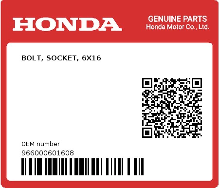 Product image: Honda - 966000601608 - BOLT, SOCKET, 6X16  0