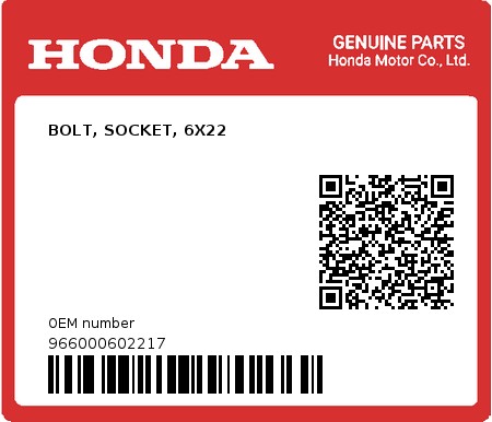 Product image: Honda - 966000602217 - BOLT, SOCKET, 6X22  0