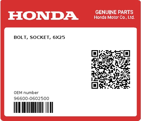 Product image: Honda - 96600-0602500 - BOLT, SOCKET, 6X25  0