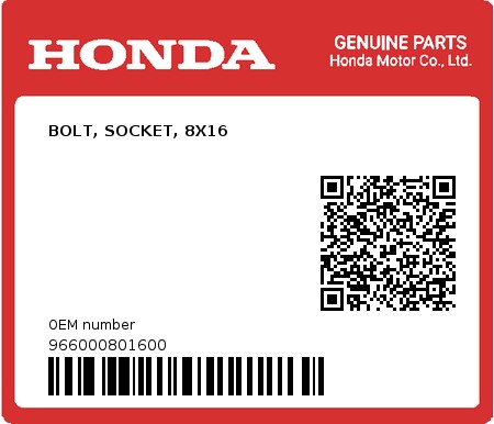 Product image: Honda - 966000801600 - BOLT, SOCKET, 8X16  0