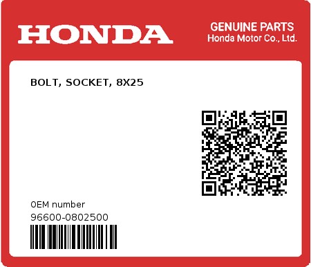 Product image: Honda - 96600-0802500 - BOLT, SOCKET, 8X25  0