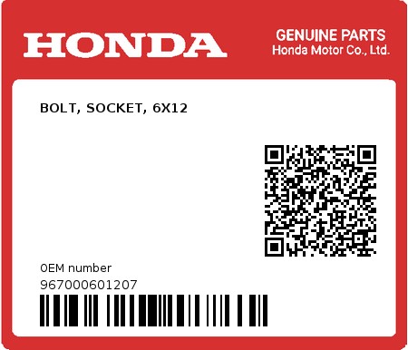 Product image: Honda - 967000601207 - BOLT, SOCKET, 6X12  0