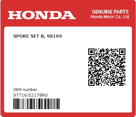 Product image: Honda - 97716-52178R0 - SPOKE SET B, 9X169  0