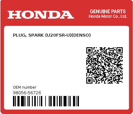 Product image: Honda - 98056-56726 - PLUG, SPARK (U20FSR-U)(DENSO)  0
