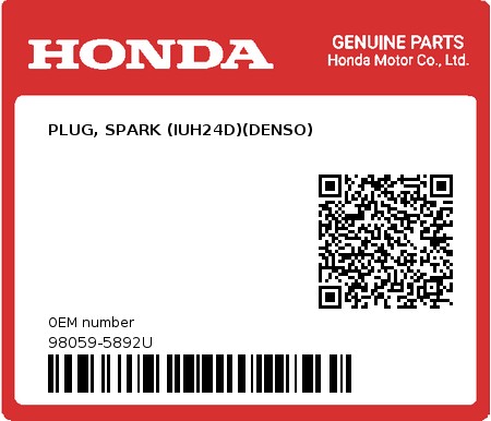 Product image: Honda - 98059-5892U - PLUG, SPARK (IUH24D)(DENSO)  0