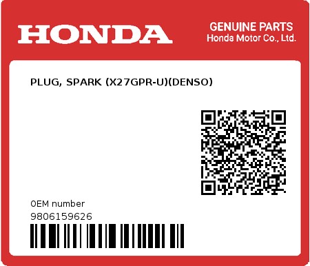Product image: Honda - 9806159626 - PLUG, SPARK (X27GPR-U)(DENSO)  0
