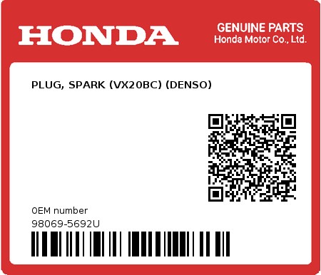 Product image: Honda - 98069-5692U - PLUG, SPARK (VX20BC) (DENSO)  0