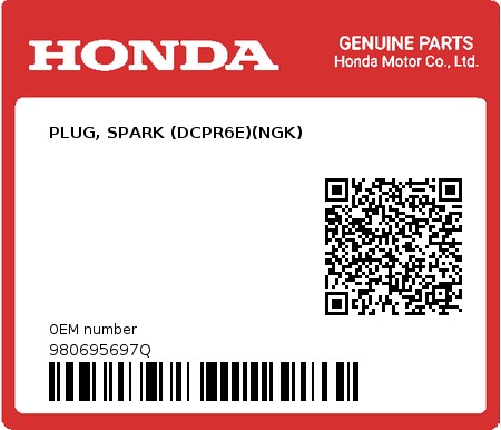 Product image: Honda - 980695697Q - PLUG, SPARK (DCPR6E)(NGK)  0