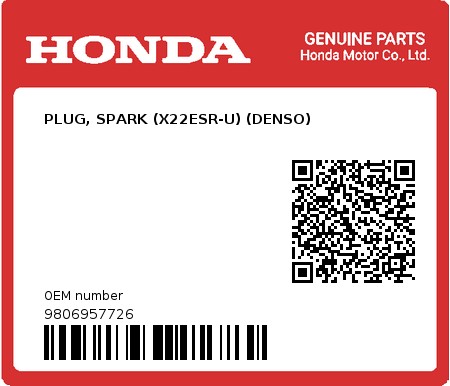 Product image: Honda - 9806957726 - PLUG, SPARK (X22ESR-U) (DENSO)  0