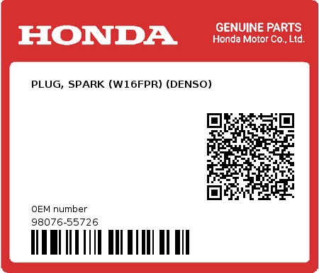 Product image: Honda - 98076-55726 - PLUG, SPARK (W16FPR) (DENSO)  0