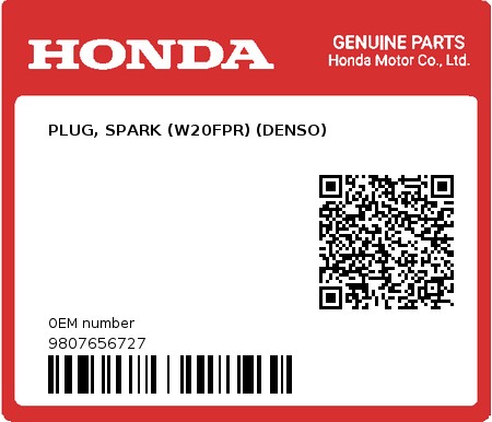 Product image: Honda - 9807656727 - PLUG, SPARK (W20FPR) (DENSO)  0