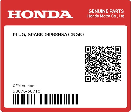 Product image: Honda - 98076-58715 - PLUG, SPARK (BPR8HSA) (NGK)  0