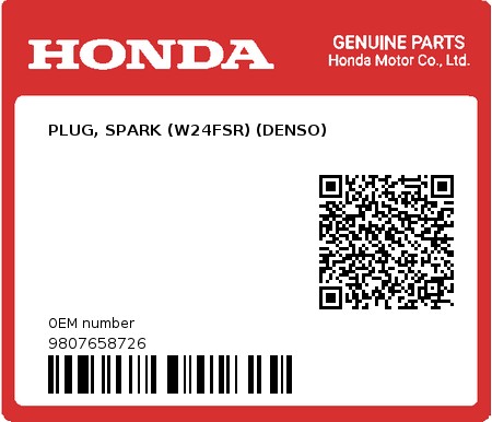 Product image: Honda - 9807658726 - PLUG, SPARK (W24FSR) (DENSO)  0