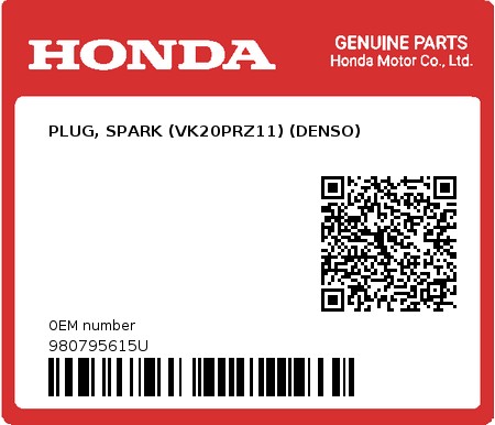 Product image: Honda - 980795615U - PLUG, SPARK (VK20PRZ11) (DENSO)  0